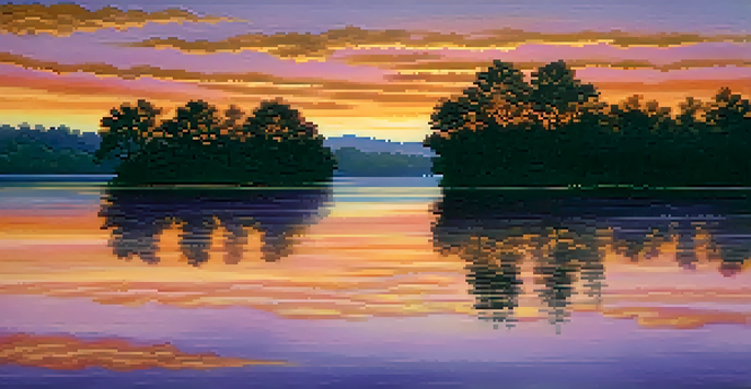 A beautiful sunset over a calm lake with silhouetted trees and colorful sky reflections.