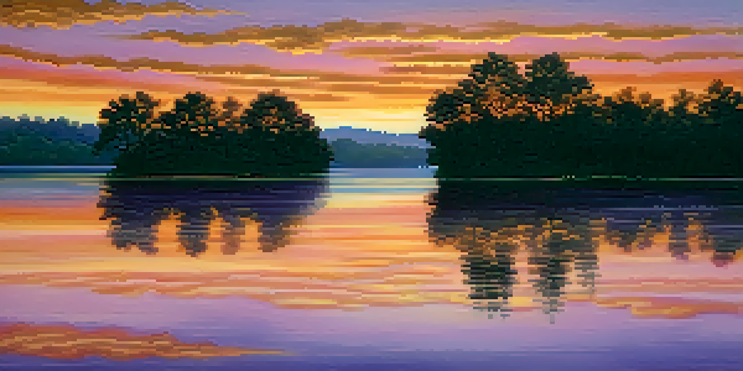 A beautiful sunset over a calm lake with silhouetted trees and colorful sky reflections.