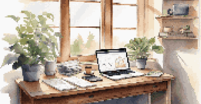 A cozy home office with a desk, laptop showing financial graphs, a notepad with goals, and a plant, illuminated by natural light.