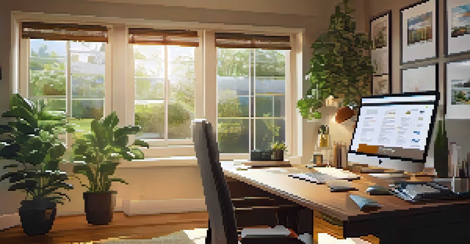 A neat home office with a person working on a budget plan for retirement, surrounded by financial documents, a laptop, and a potted plant in the warm light.