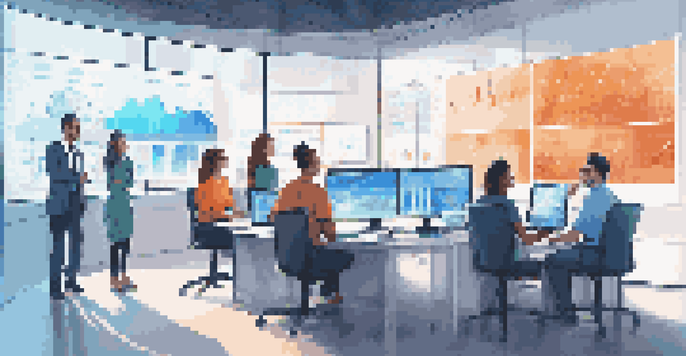 A diverse team of professionals collaborating in a modern office, analyzing data on a digital screen filled with colorful charts and graphs.