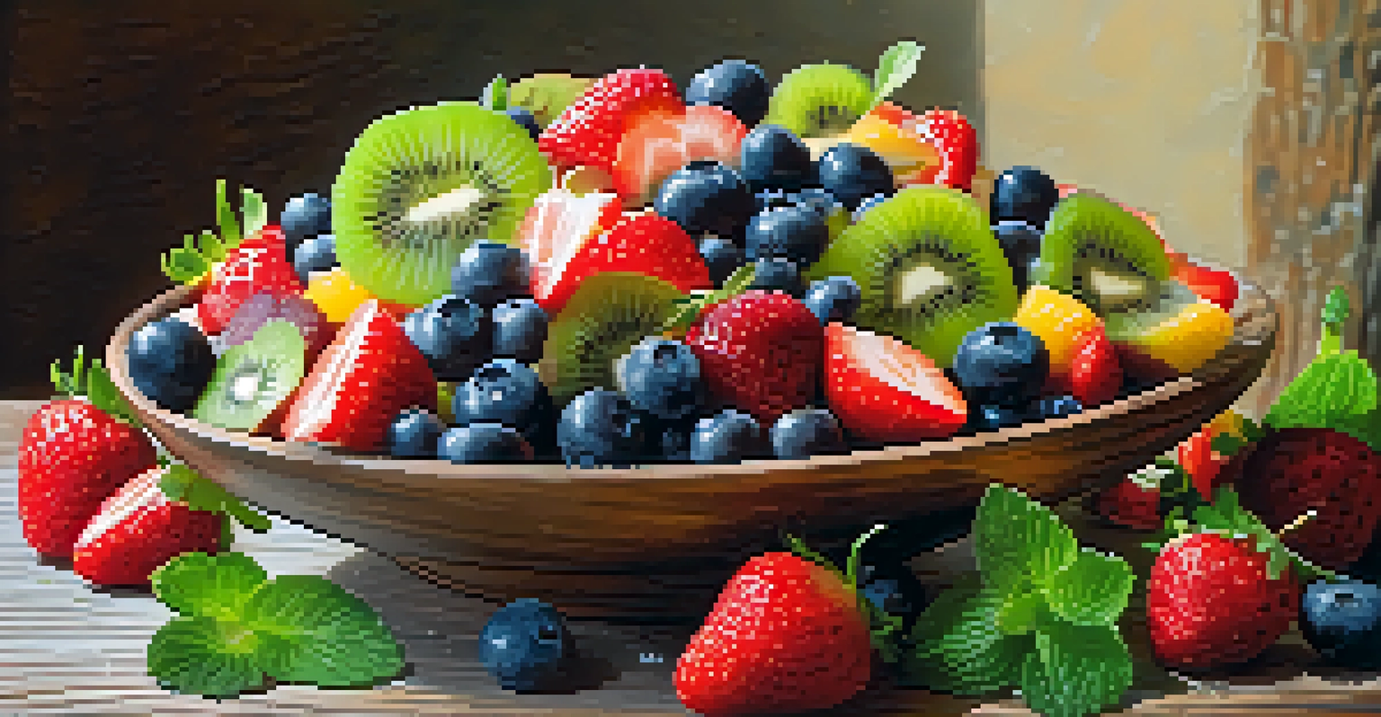 A colorful fruit salad in a rustic bowl with strawberries, blueberries, and kiwi slices.