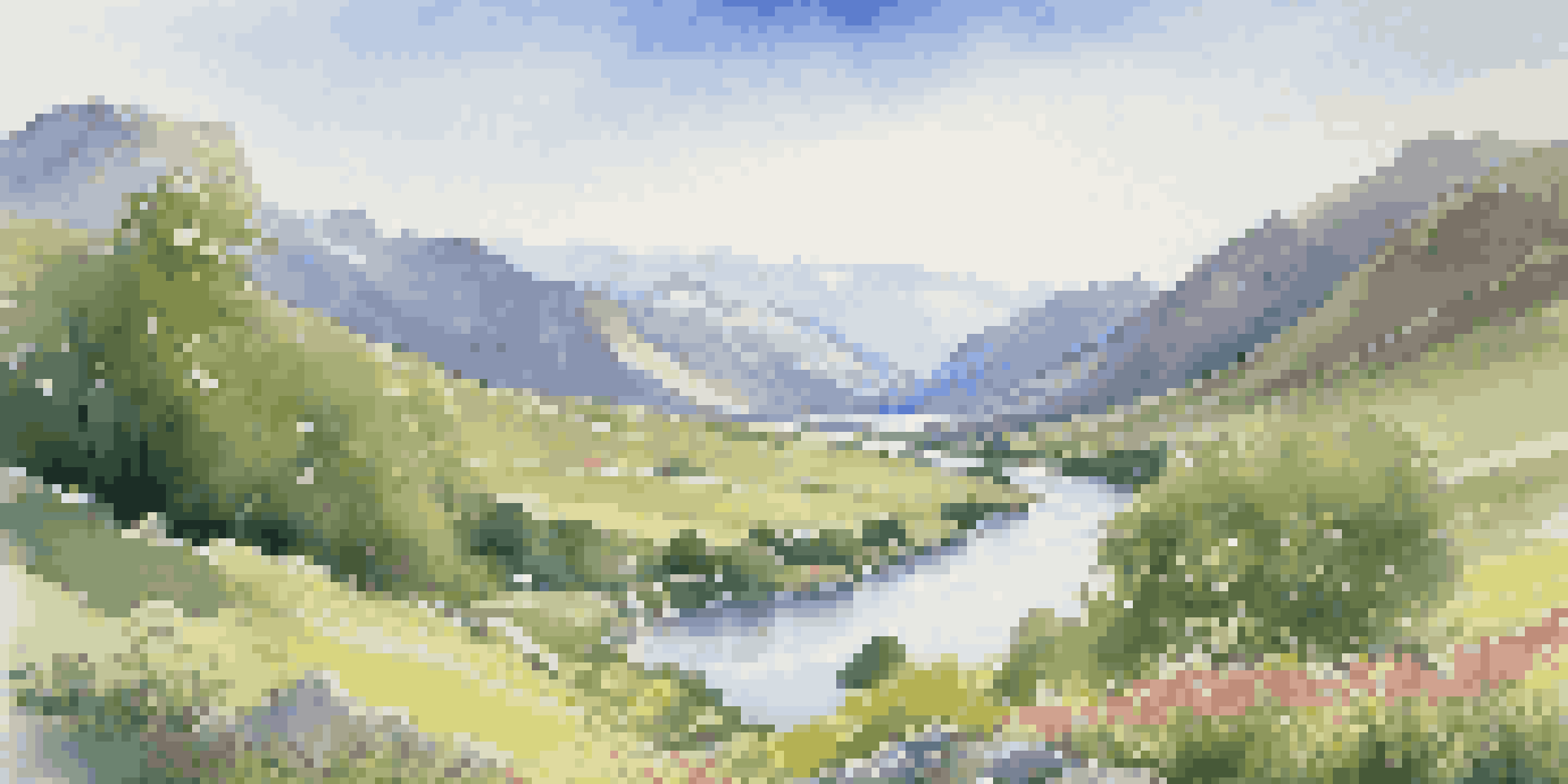A picturesque view of a green valley with a river and mountains in the background, under a blue sky with sunlight.