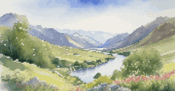 A picturesque view of a green valley with a river and mountains in the background, under a blue sky with sunlight.