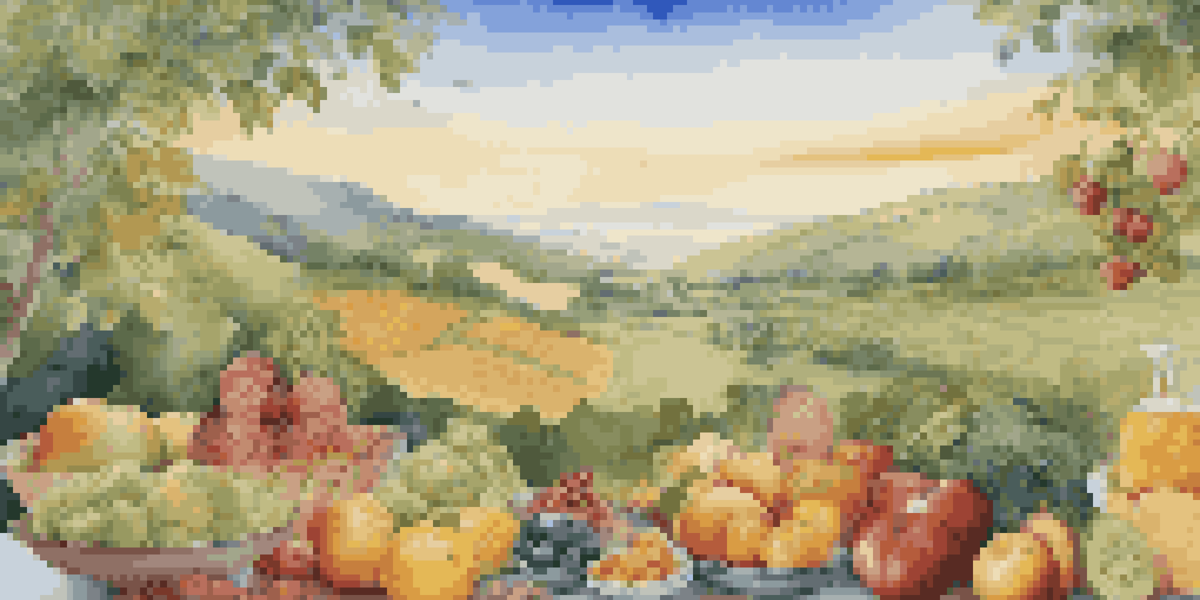 A colorful display of fruits and vegetables on one side and grains and proteins on the other, symbolizing a balanced investment portfolio in a serene landscape.