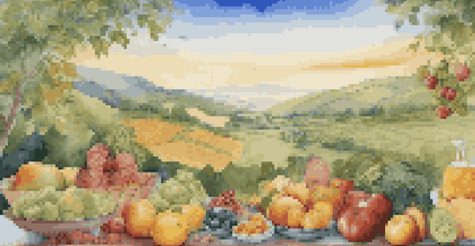 A colorful display of fruits and vegetables on one side and grains and proteins on the other, symbolizing a balanced investment portfolio in a serene landscape.