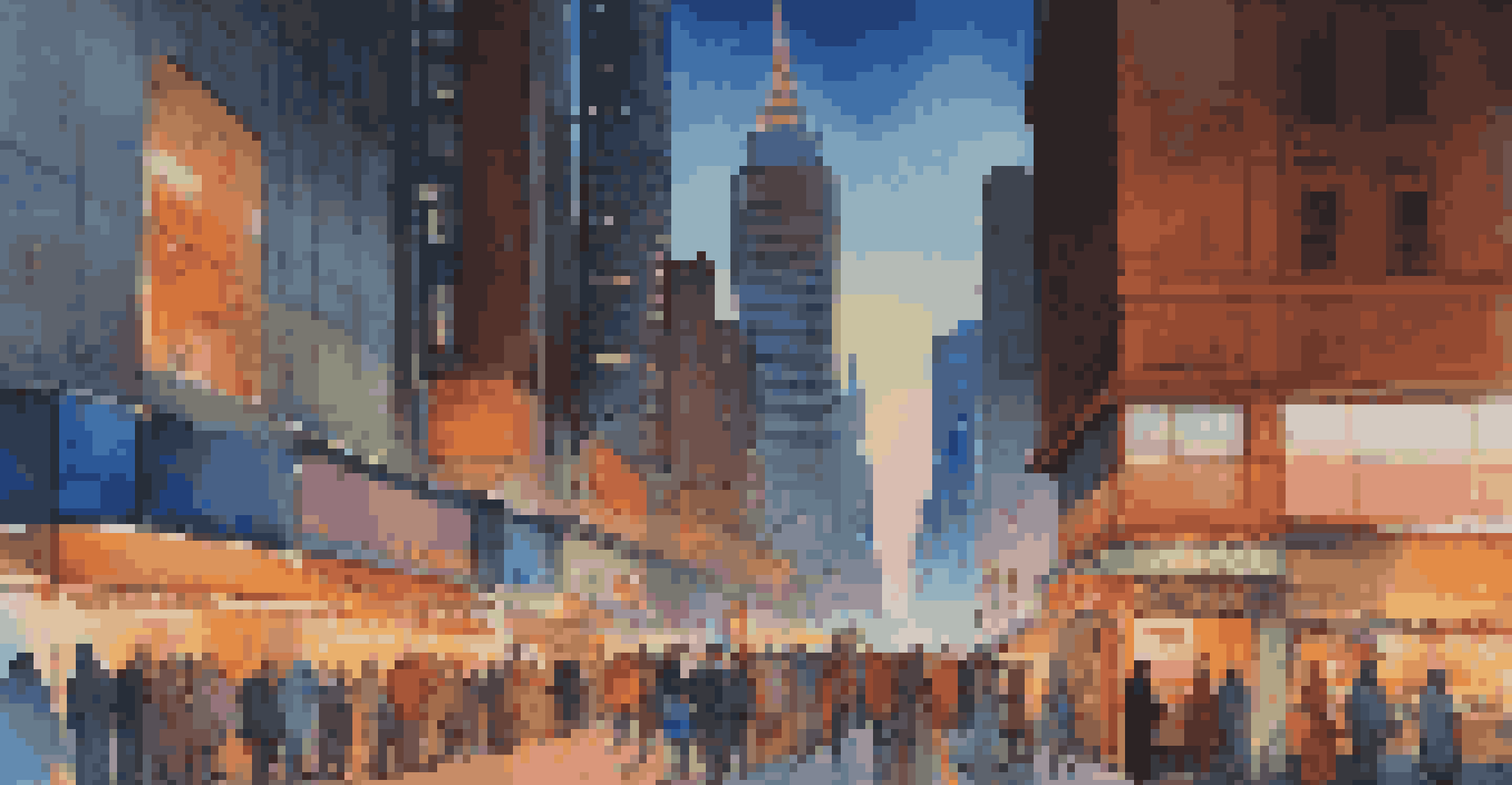 A lively city street at twilight, with illuminated skyscrapers, diverse people walking, and colorful neon lights.