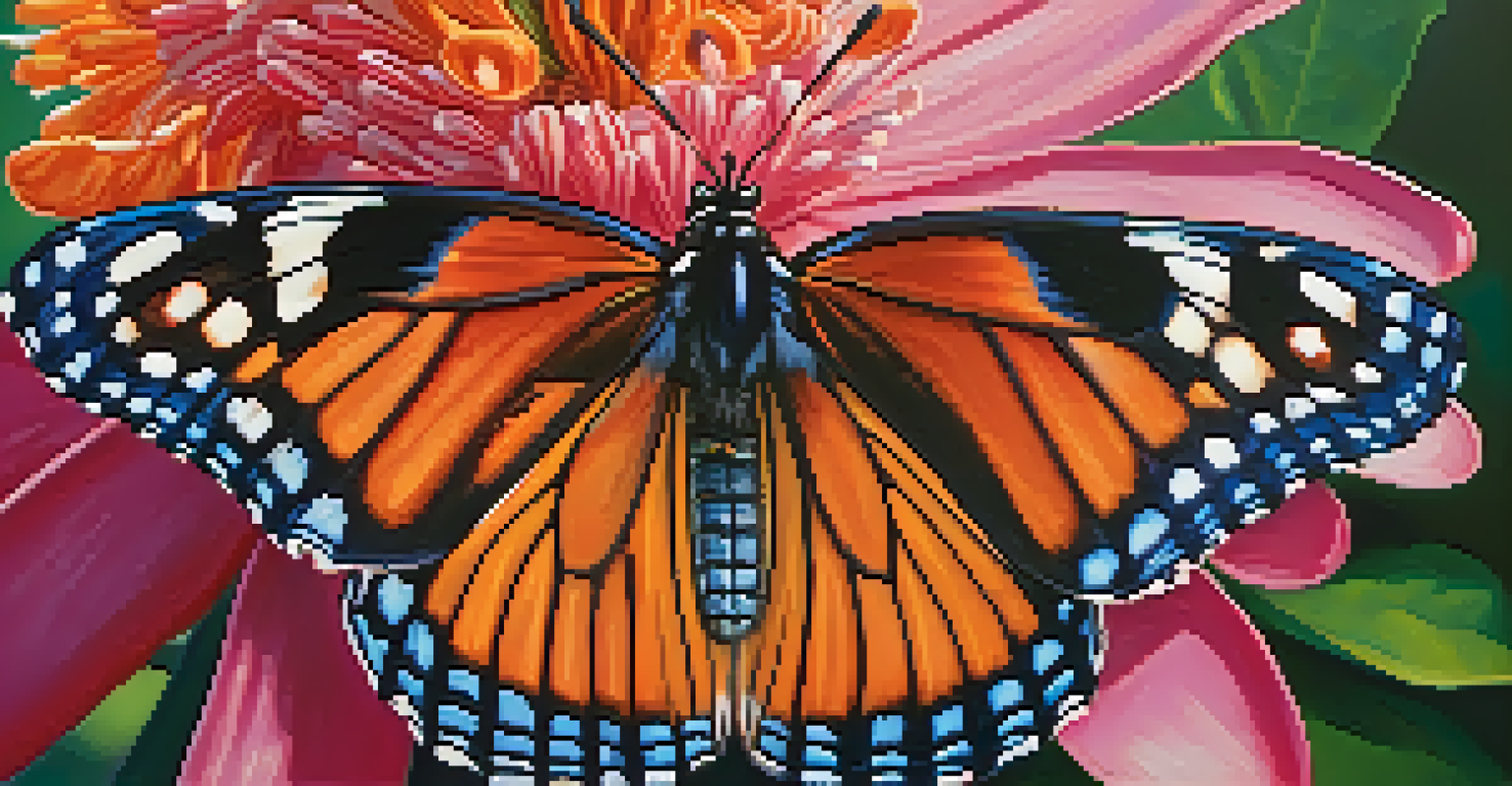 A close-up of a colorful butterfly on a pink flower with morning dew.