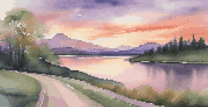 A picturesque scene of a winding road leading to mountains at sunset, with a calm lake in the foreground and lush trees lining the road.