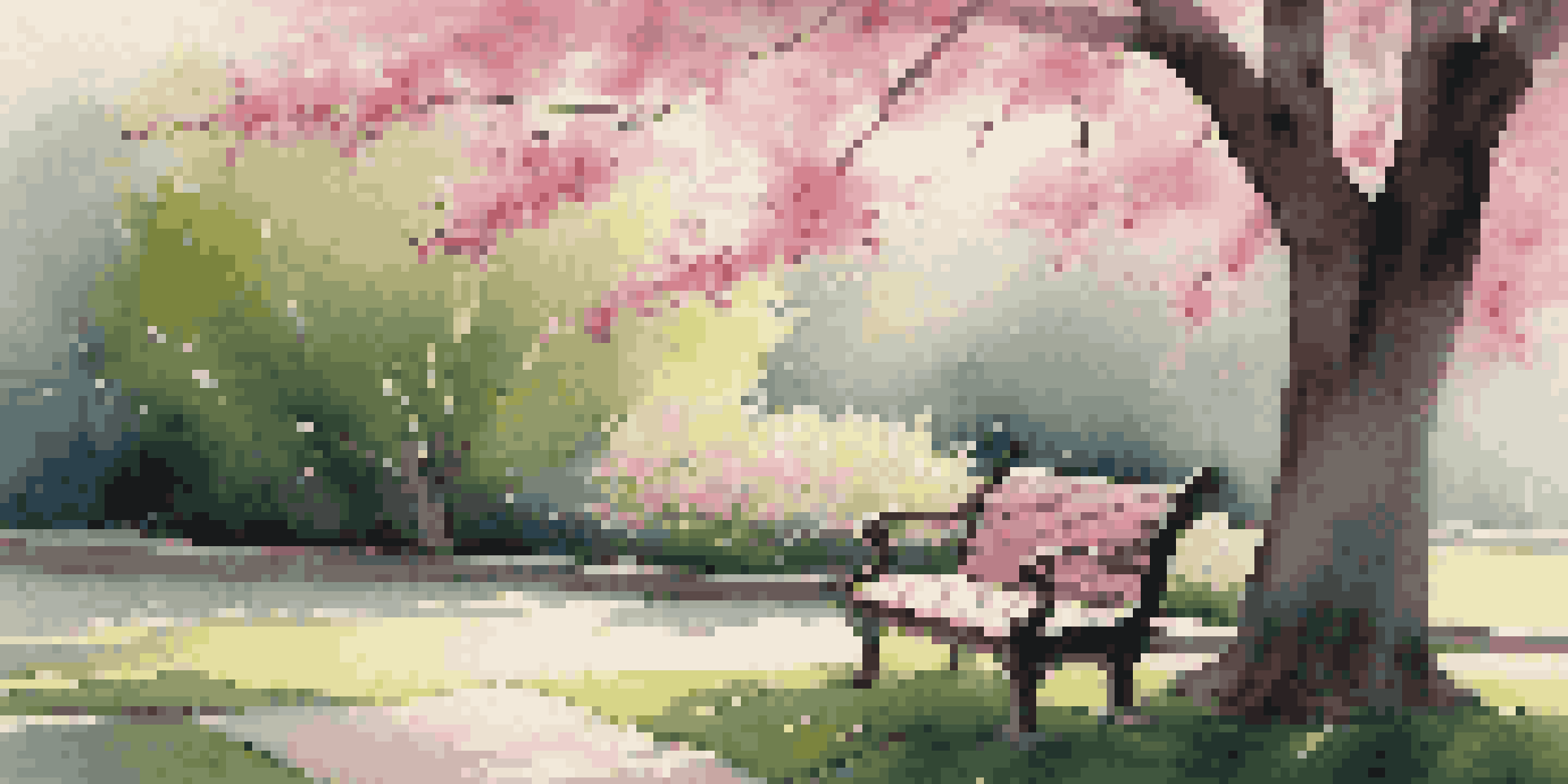 A peaceful garden with a wooden bench under a cherry blossom tree, filled with pink flowers and green grass, illuminated by soft sunlight.