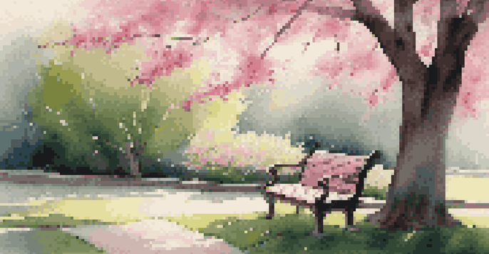 A peaceful garden with a wooden bench under a cherry blossom tree, filled with pink flowers and green grass, illuminated by soft sunlight.