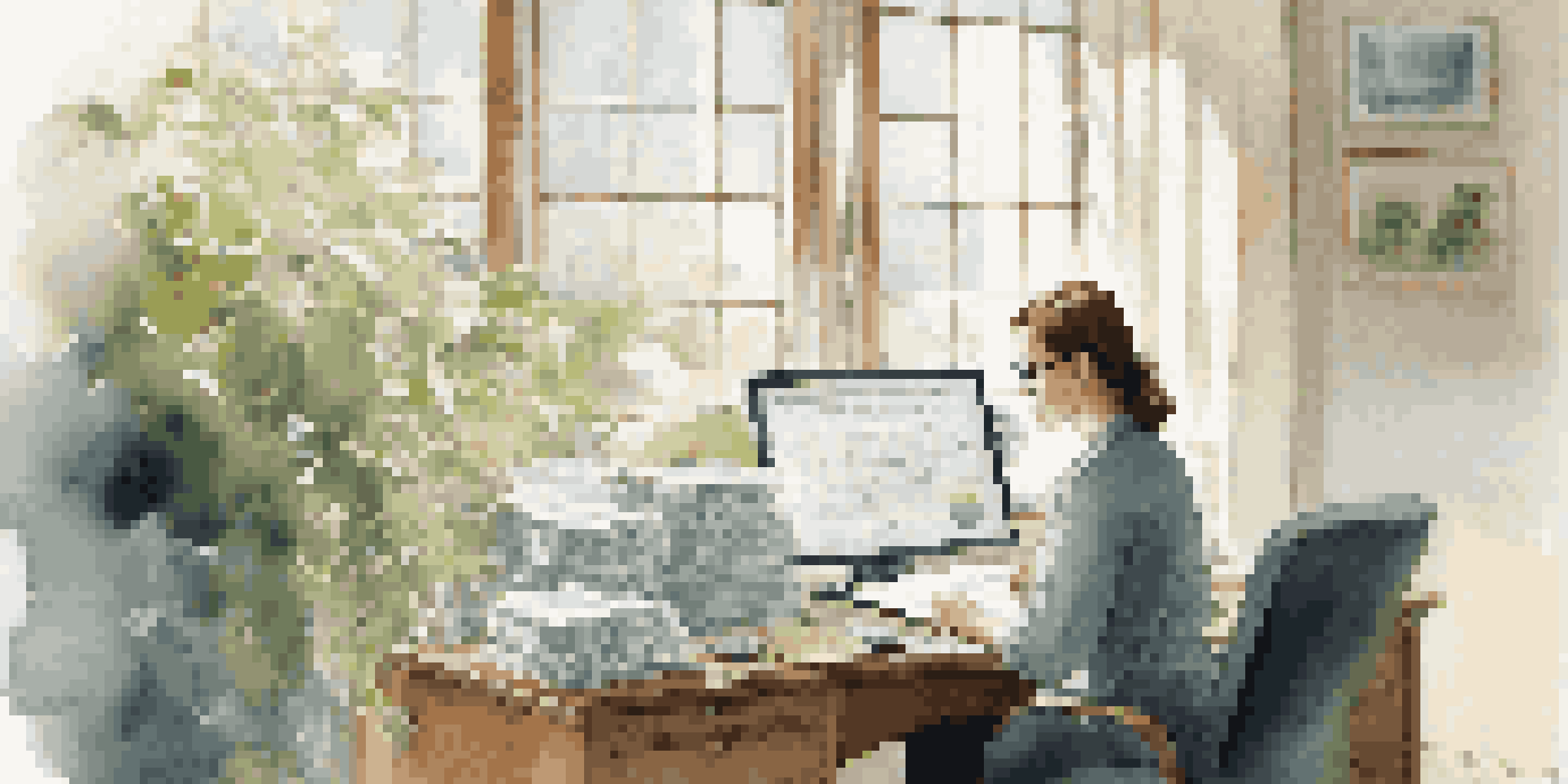 A focused woman in a serene office reviewing financial documents, with natural light and plants around her.