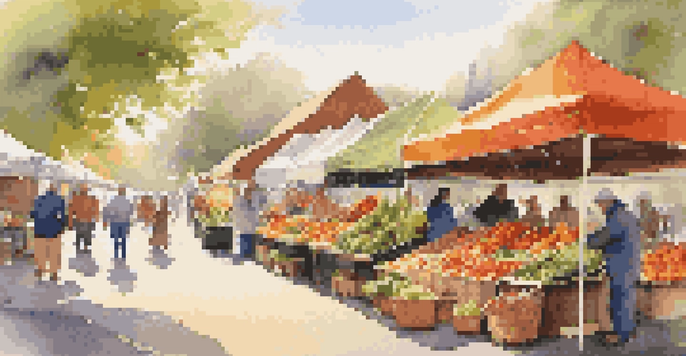 A colorful farmers market with stalls filled with fresh fruits and vegetables under warm sunlight.