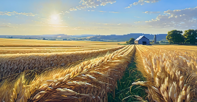 A sunny wheat field with a clear sky and a distant farmstead.