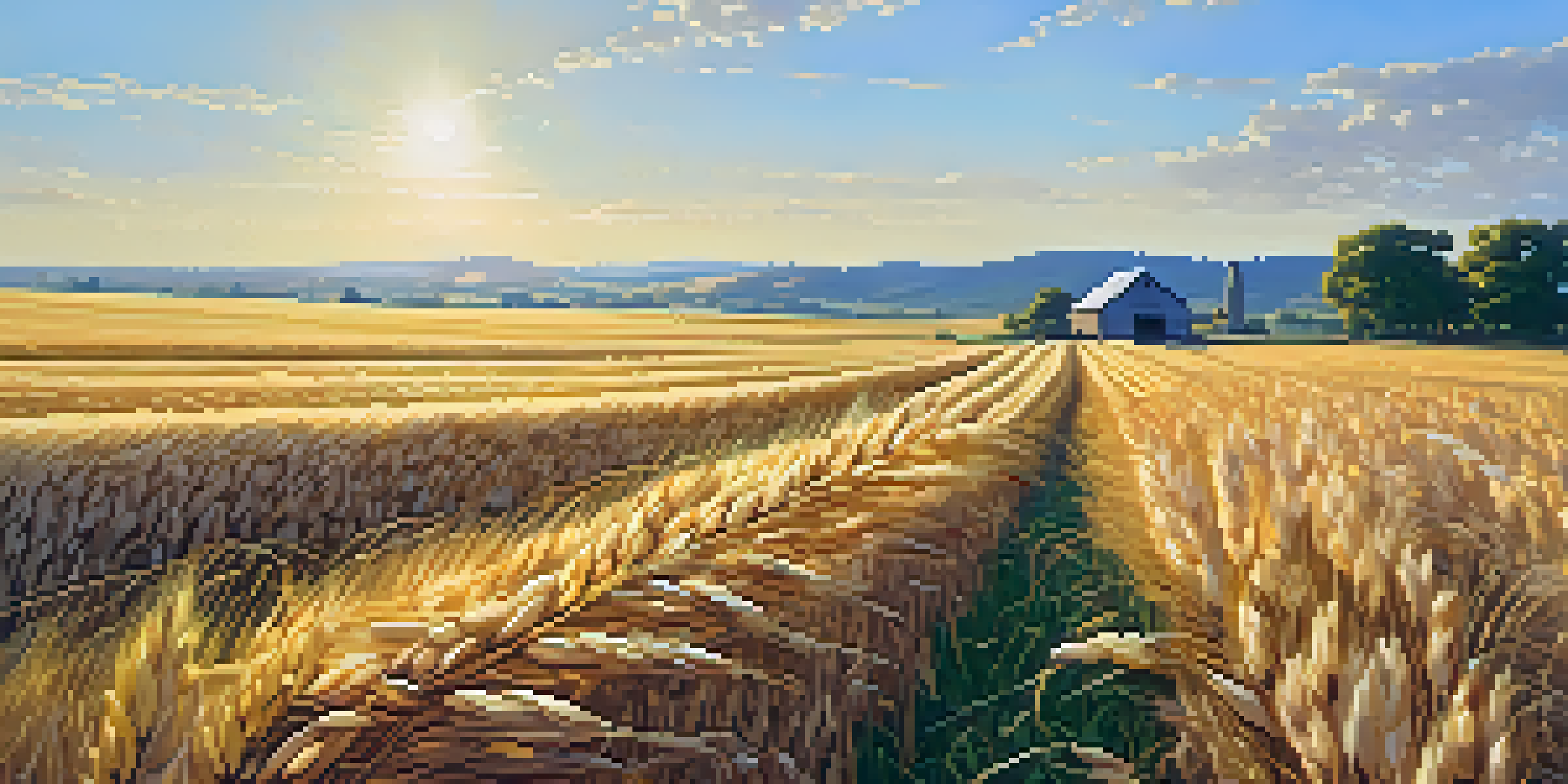 A sunny wheat field with a clear sky and a distant farmstead.