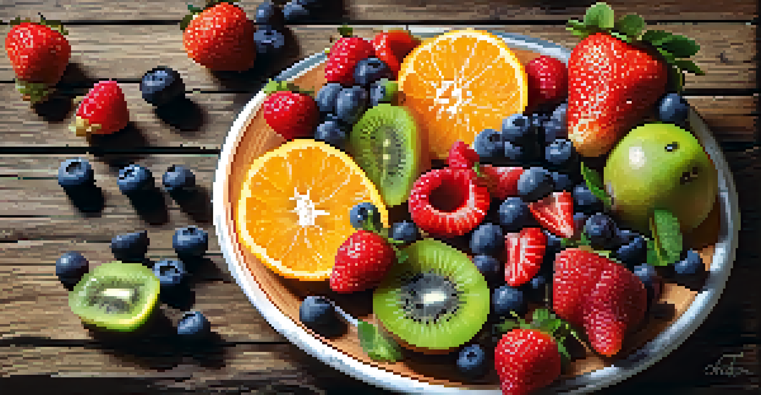 A close-up of a plate filled with fresh, colorful fruits arranged artistically on a wooden table.