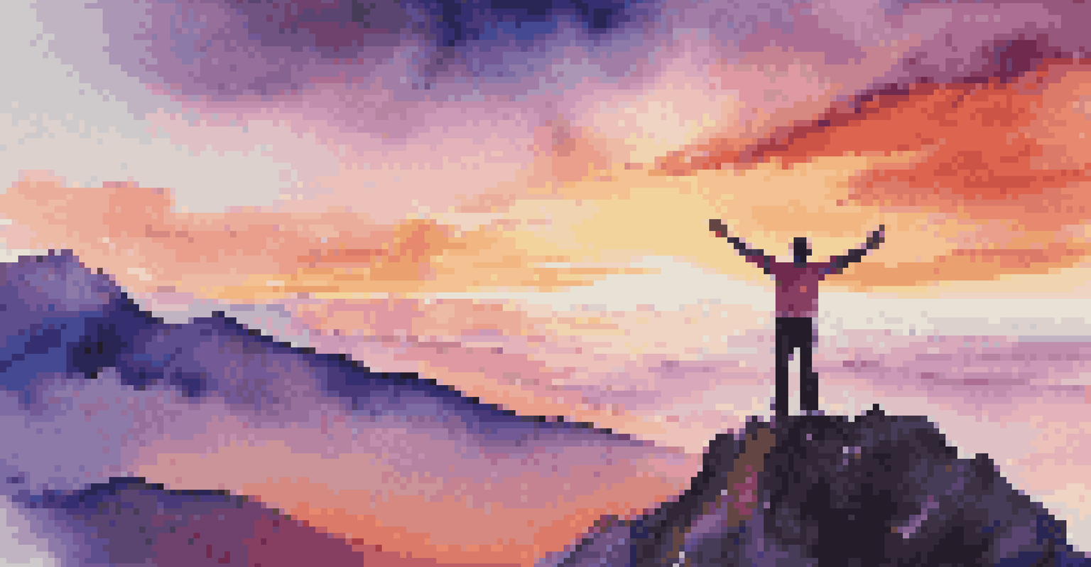 A person standing triumphantly on a mountain peak at sunset, with a colorful sky and vast landscape, representing the achievement of financial goals.