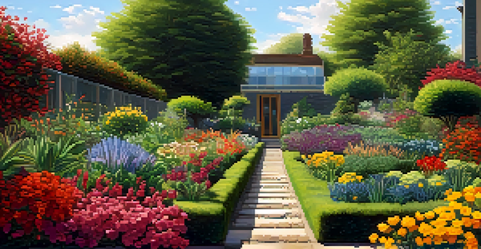 A gardener planting seeds in a colorful garden filled with various flowers and plants under a bright blue sky.