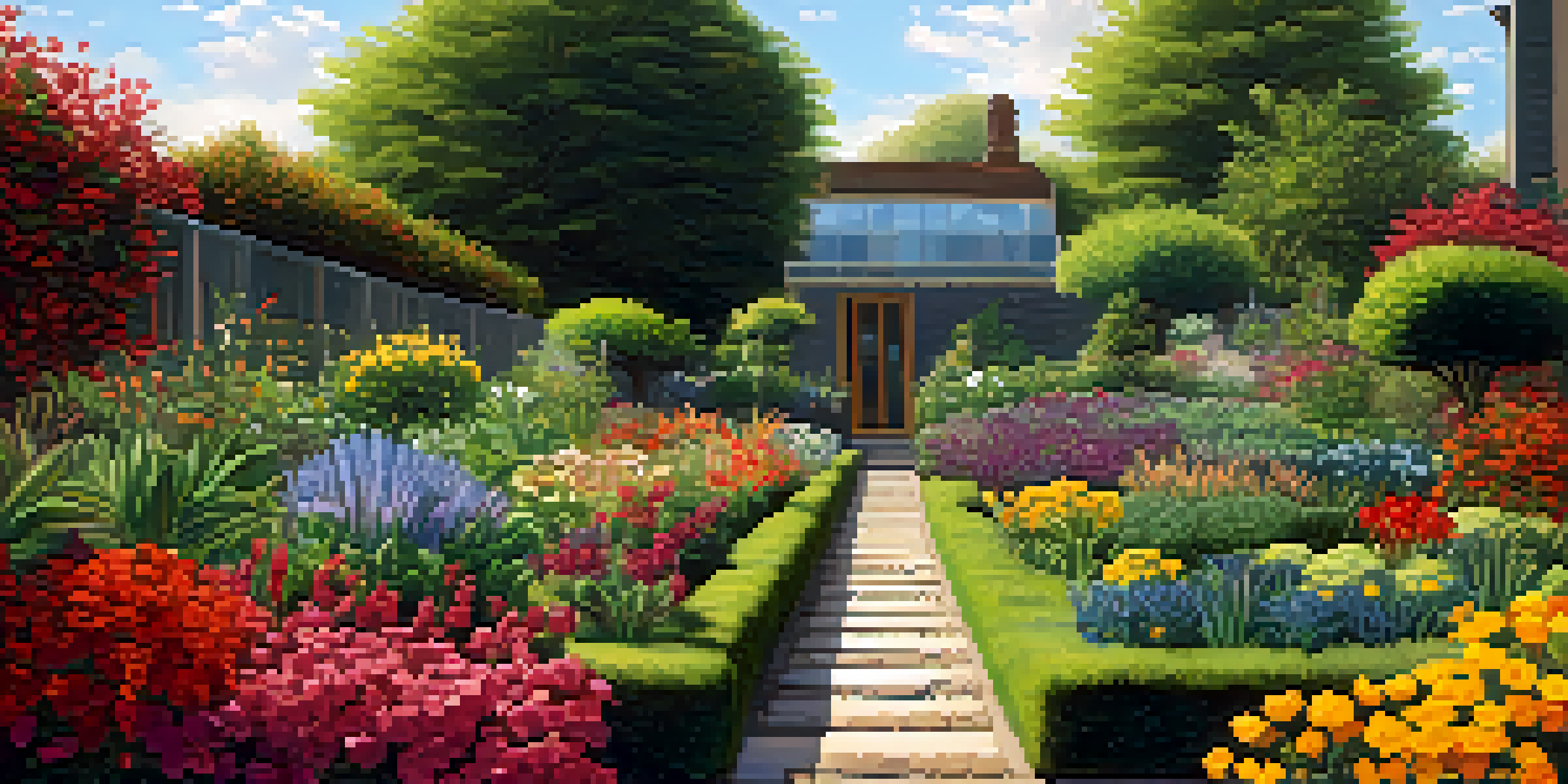 A gardener planting seeds in a colorful garden filled with various flowers and plants under a bright blue sky.