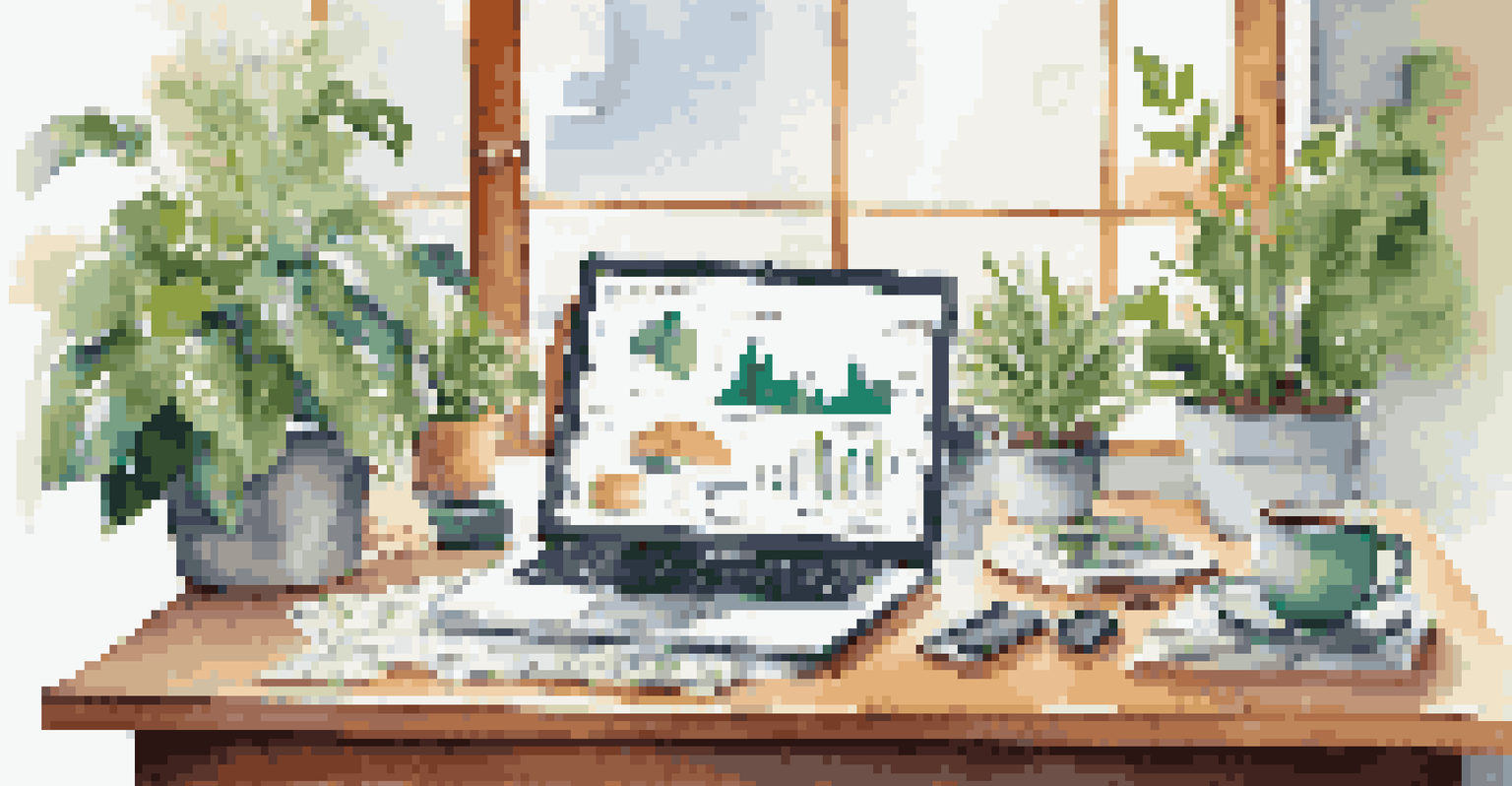 A desk with a laptop showing financial charts, a planner, and a cup of coffee, surrounded by plants.