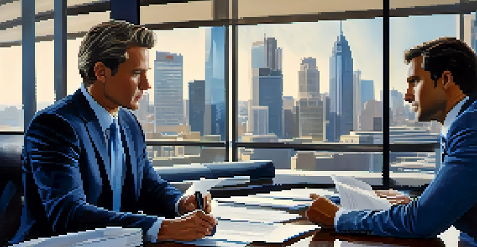 Two business professionals negotiating at a conference table with city skyline in the background.