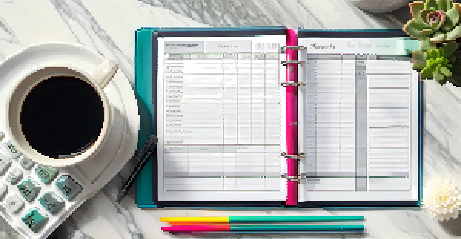 An organized personal finance planner on a marble table with budgeting charts, pens, and a calculator.