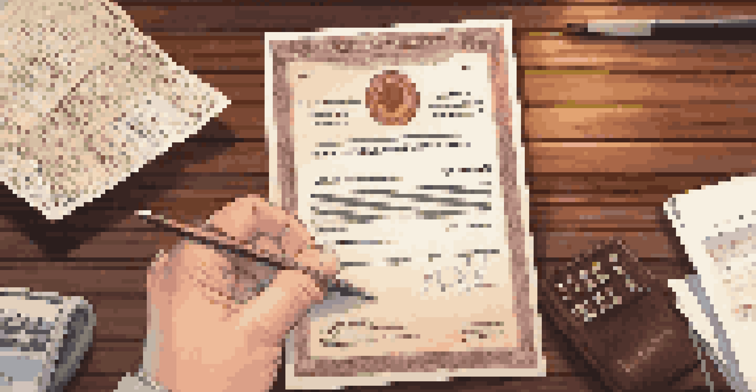 A close-up of a hand holding a bond certificate, with financial documents and a calculator on a wooden desk, and graphs visible on a laptop screen in the background.