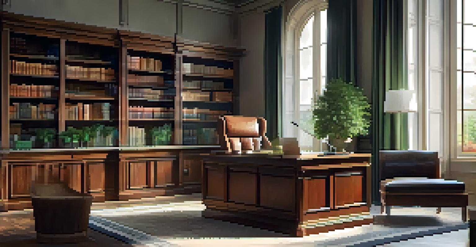 An elegant office interior featuring a wooden desk, leather chair, and bookshelf, illuminated by natural light.