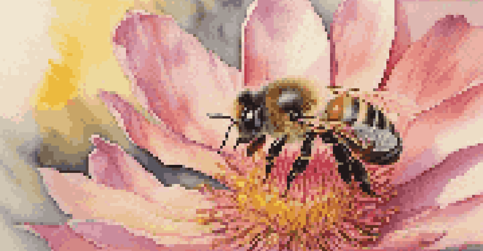 A close-up of a honeybee on a colorful flower, showcasing the bee's wings and the flower's petals.