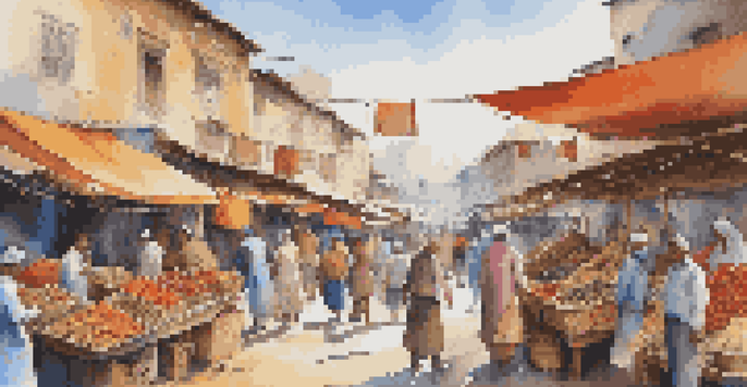 A lively marketplace filled with colorful stalls and local vendors, representing the cultural vibrancy of a frontier market.