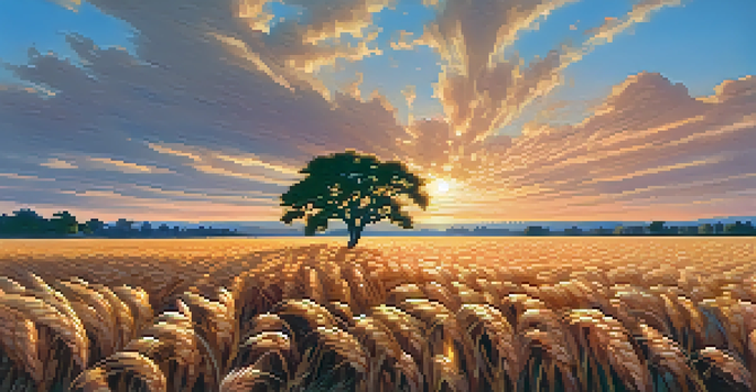 A tranquil field of golden wheat under a colorful sunset sky, with a single tree in the foreground.