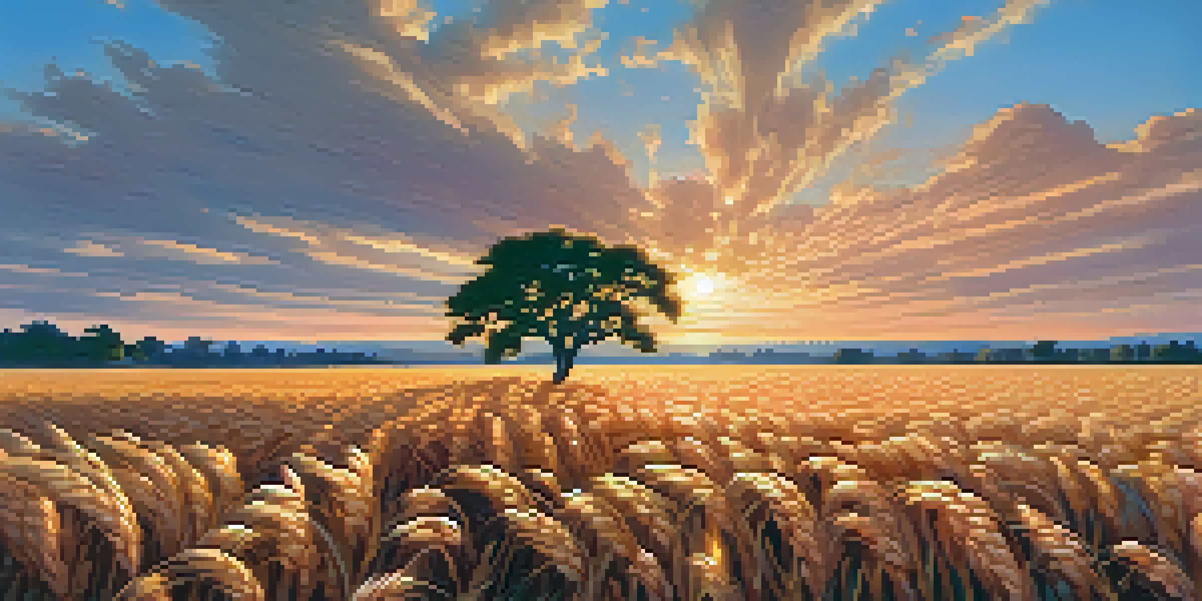A tranquil field of golden wheat under a colorful sunset sky, with a single tree in the foreground.