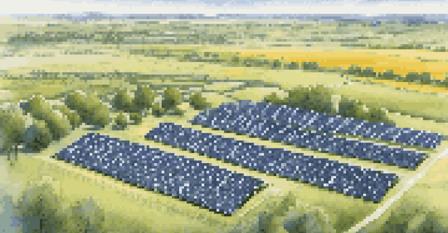 An aerial view of a solar panel farm with green fields and a clear sky.