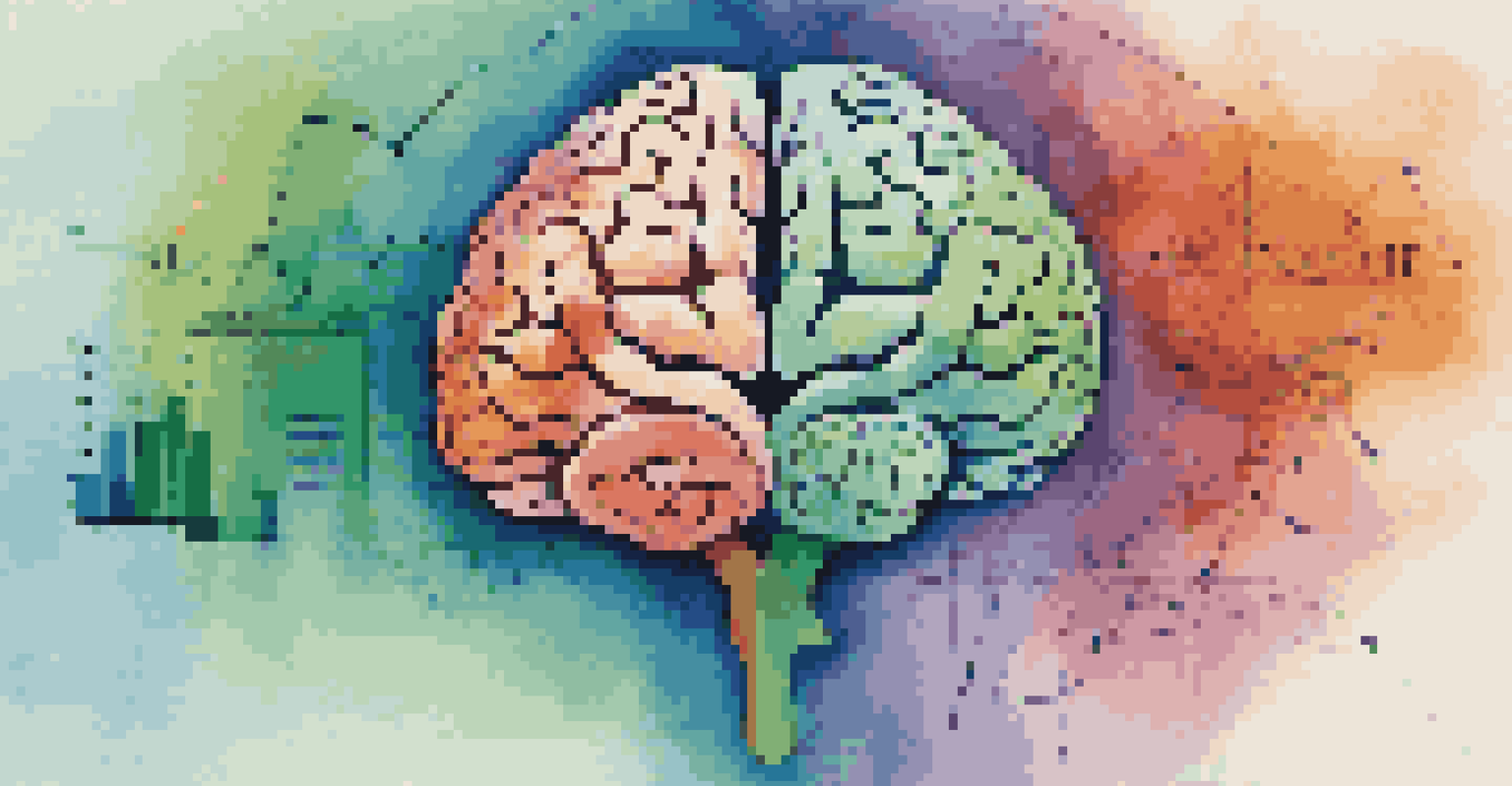 An abstract image of a human brain with stock market symbols and fluctuating graphs, representing emotional influences on investment decisions.