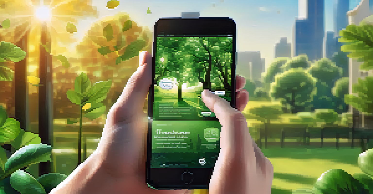 A close-up of hands interacting with a crowdfunding app on a smartphone, set against a green and eco-friendly background.