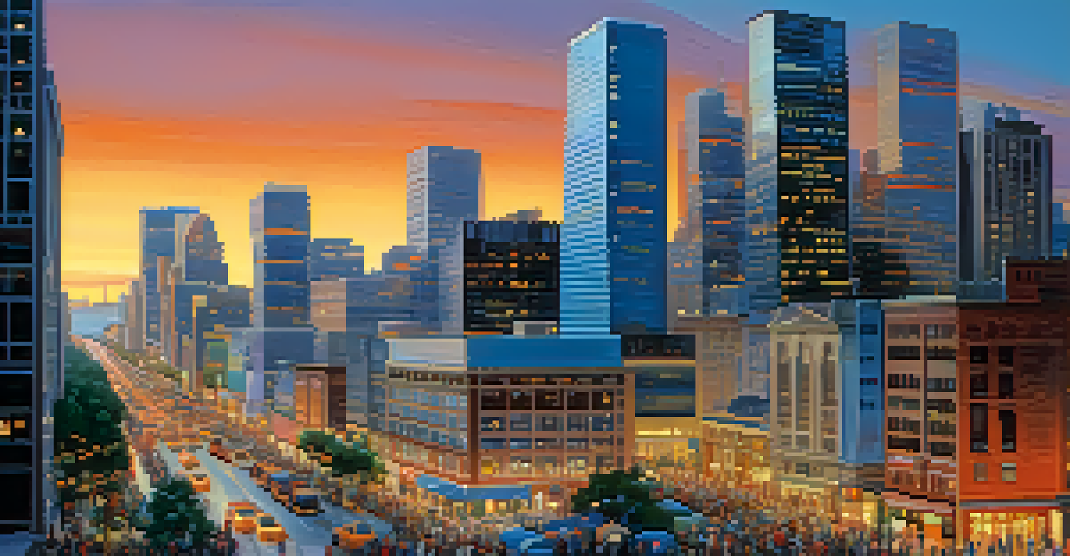 A vibrant cityscape at dusk, with illuminated skyscrapers and bustling streets, representing thriving market conditions.