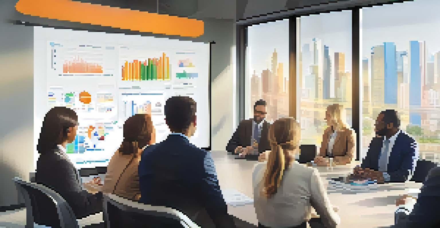 A diverse group of people in a meeting discussing real estate investments with charts on a laptop.