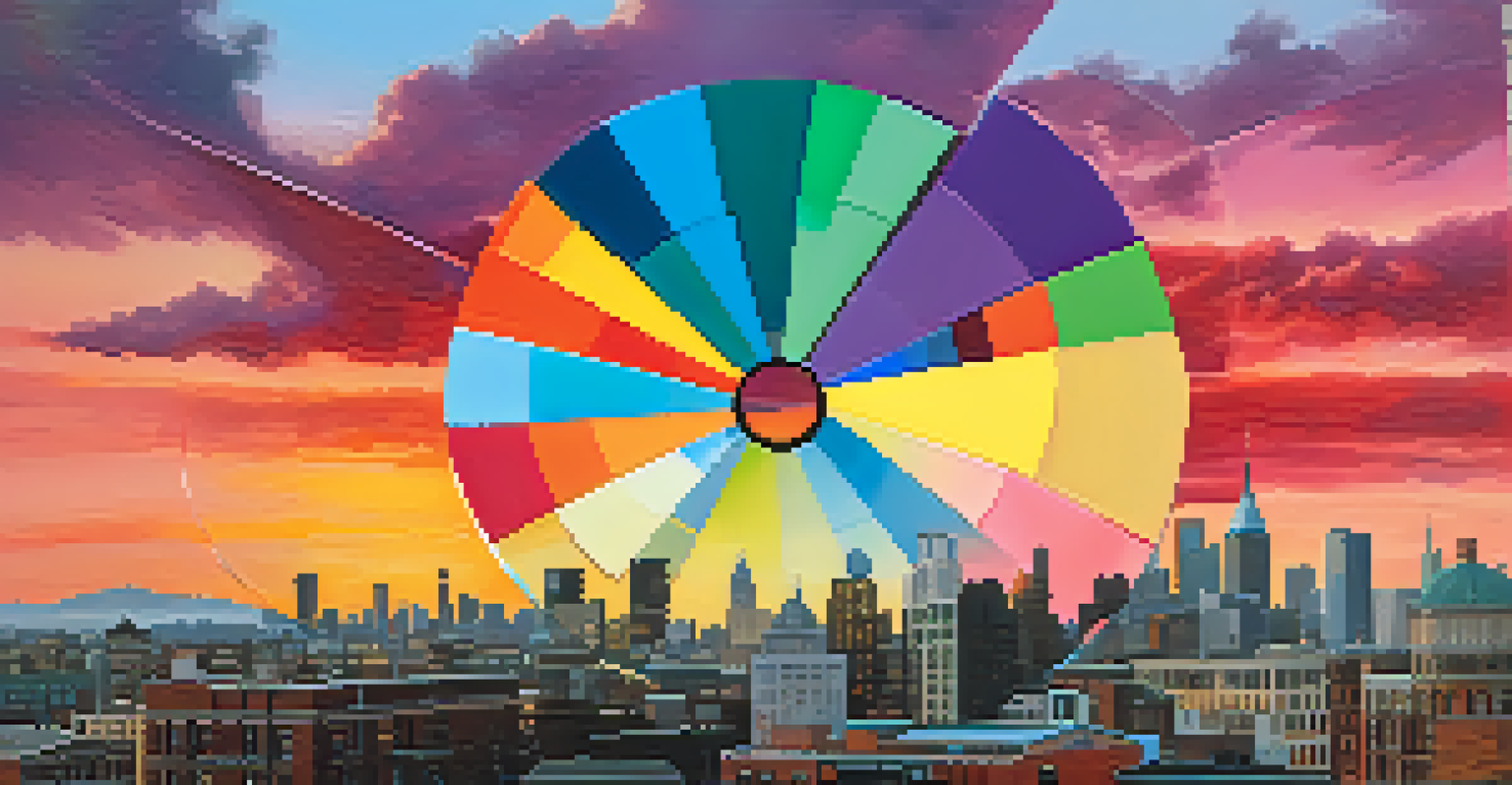 An abstract representation of investment diversification with a colorful pie chart over a city skyline at sunset.