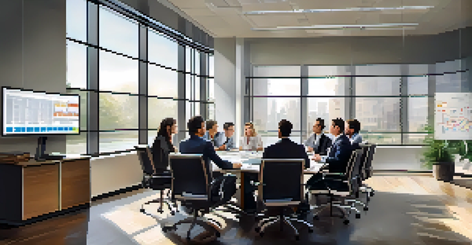 A diverse group of professionals discussing financial reports in a bright office conference room.