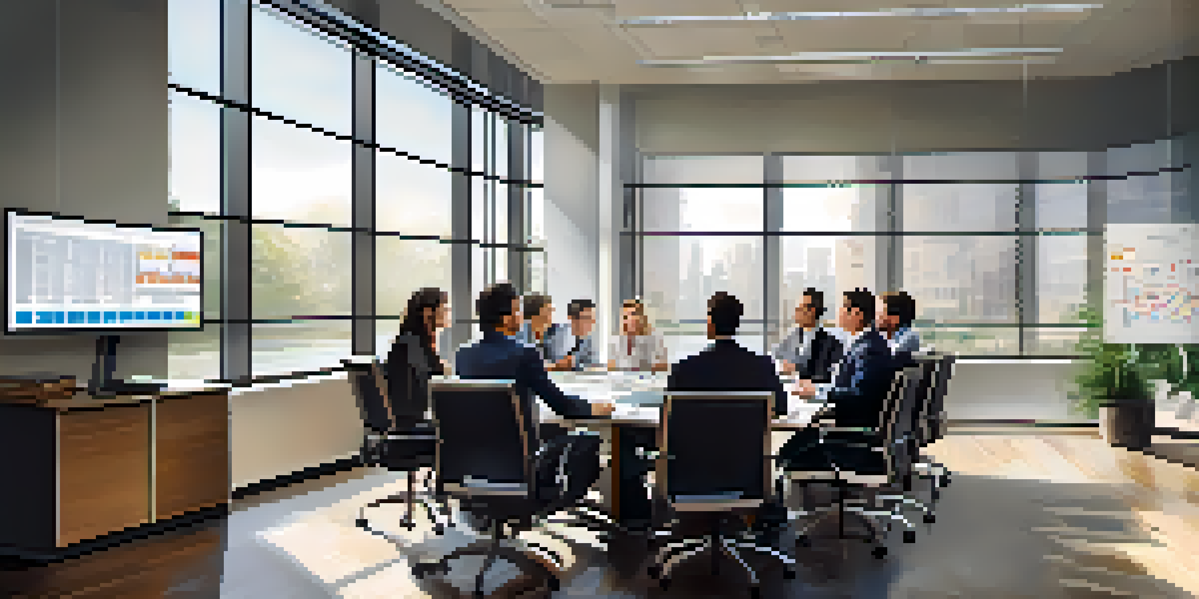A diverse group of professionals discussing financial reports in a bright office conference room.