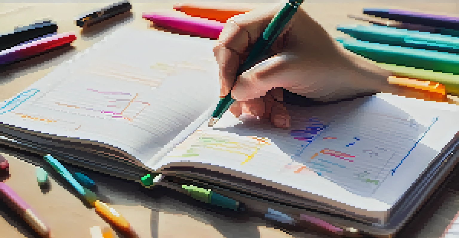 A close-up of a hand writing in a planner with colorful pens scattered around, creating an inspiring atmosphere.