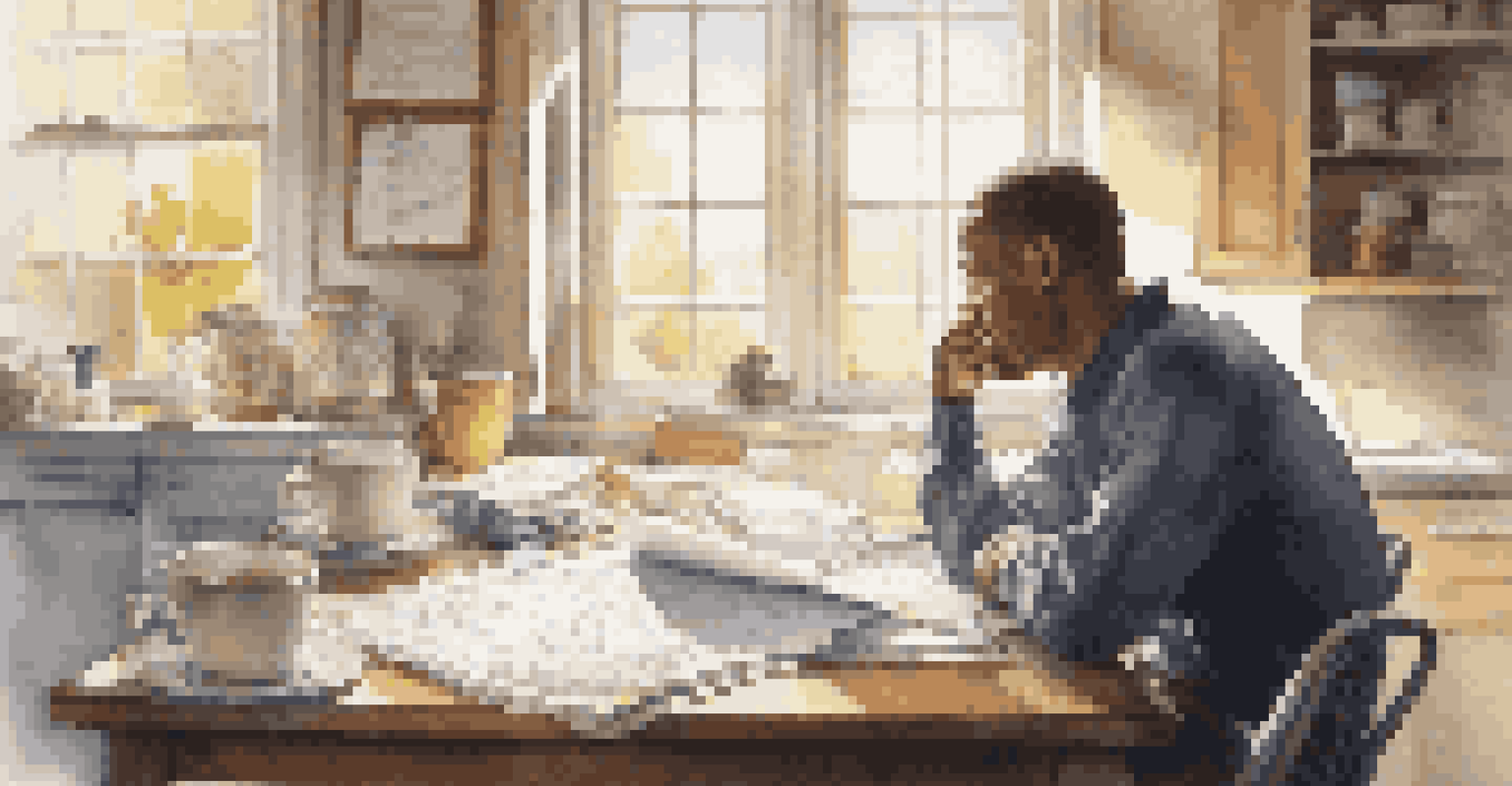 An individual reviewing insurance policies and financial documents at a kitchen table.