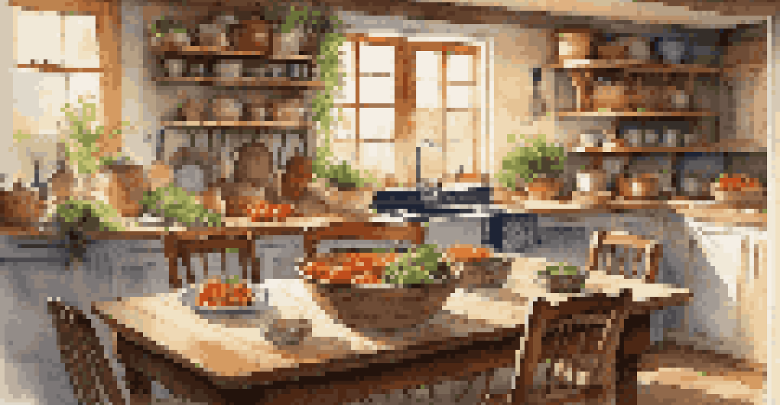 A rustic kitchen with a wooden dining table set for a meal, fresh vegetables, and warm light coming through the window.