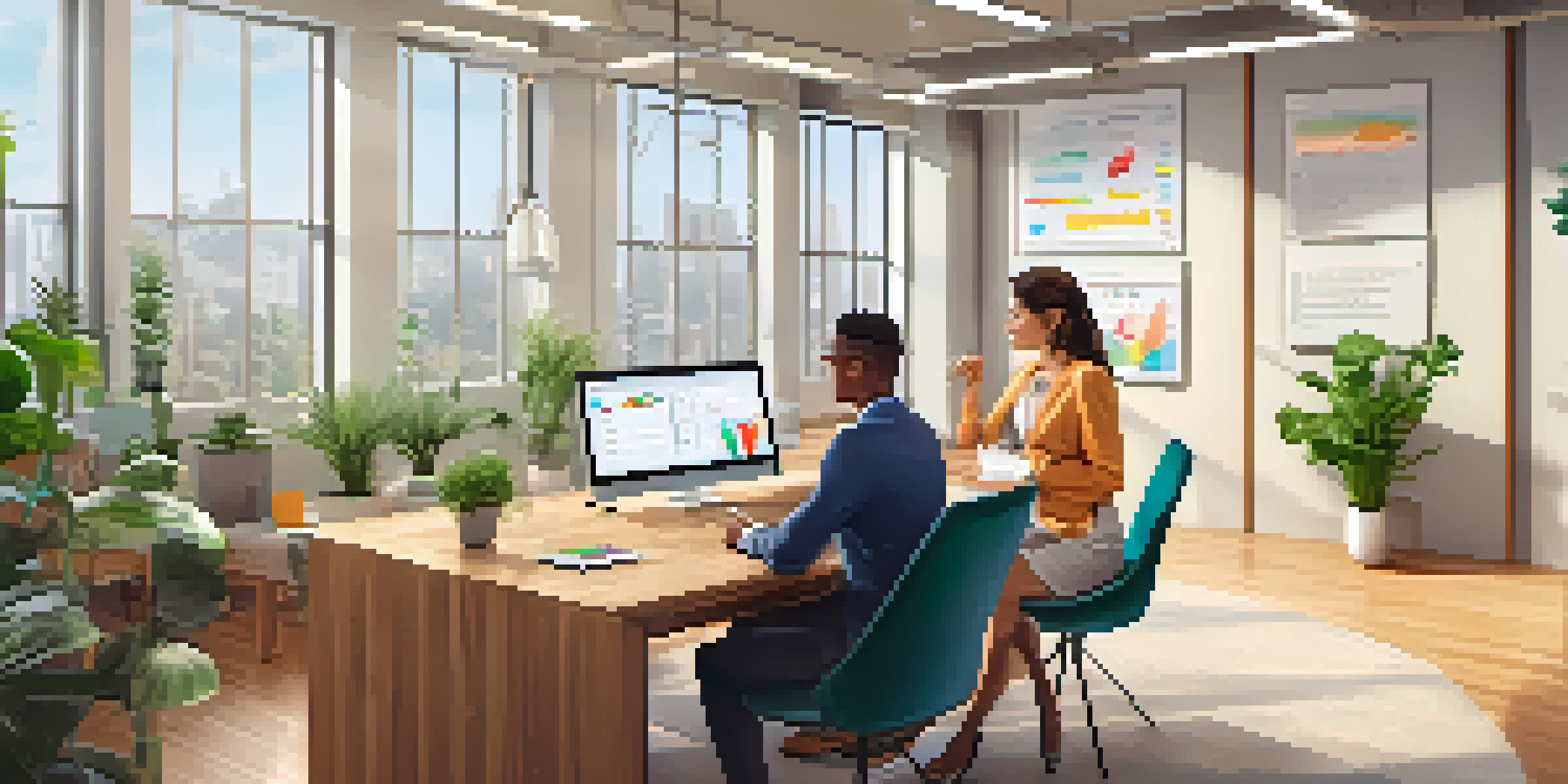 A financial coach and a client discussing a financial plan in a bright office space with plants.