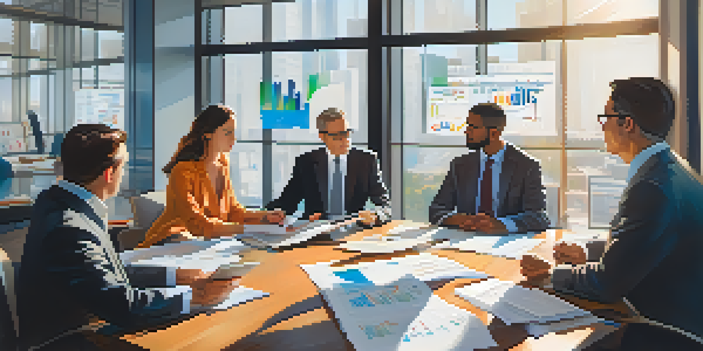 A diverse group of investors discussing financial strategies in a bright office, surrounded by charts and reports.