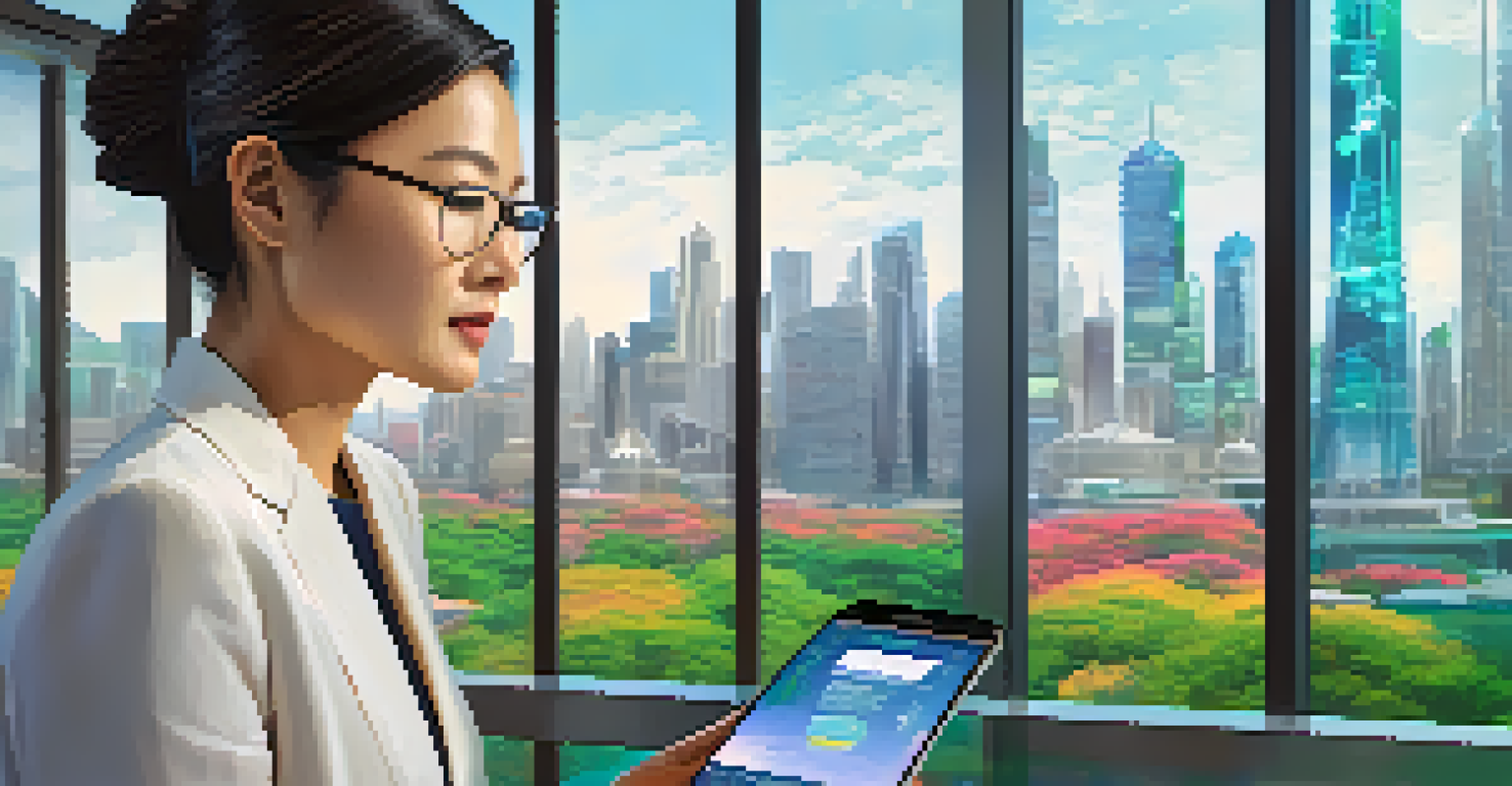 A middle-aged woman using a smartphone app to track her retirement savings against a futuristic city skyline.