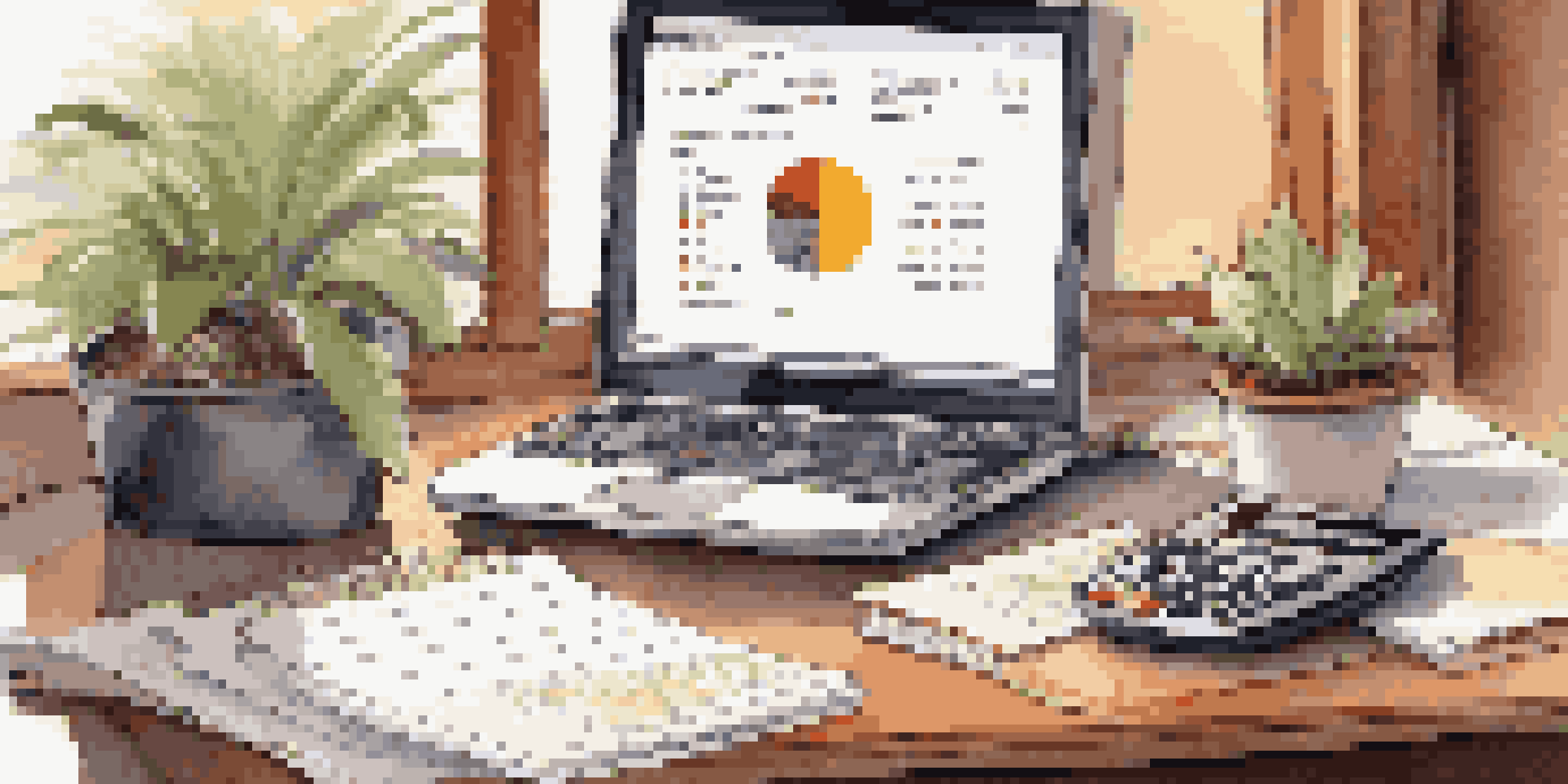A financial planner's desk with a laptop showing graphs, a notepad, a calculator, a potted plant, and a coffee cup in warm afternoon light.