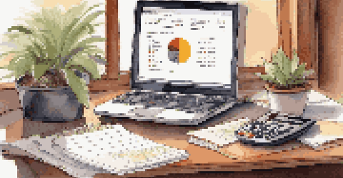 A financial planner's desk with a laptop showing graphs, a notepad, a calculator, a potted plant, and a coffee cup in warm afternoon light.