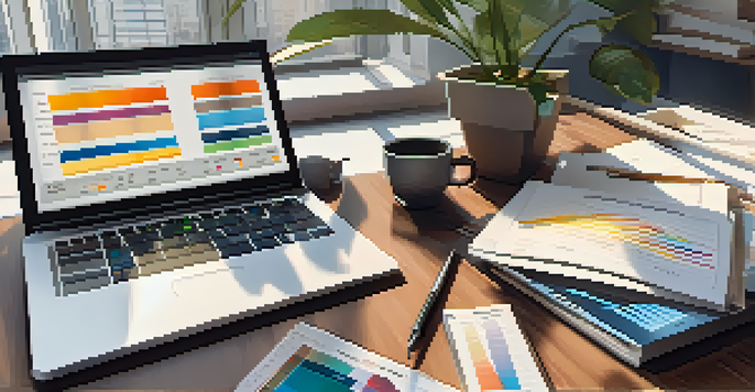A financial planner's desk with charts and a calculator, illuminated by natural light.