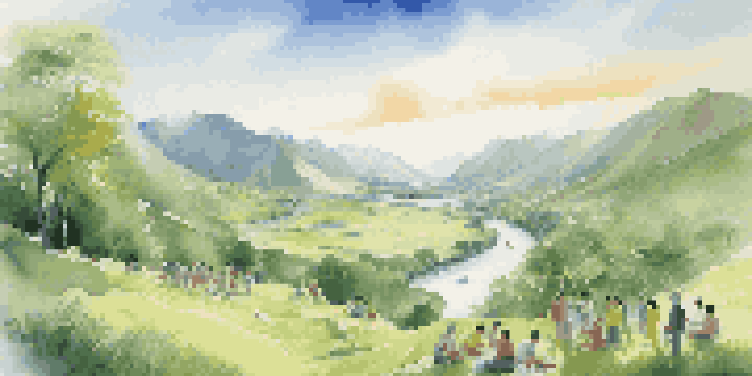 A peaceful valley scene with people discussing investment strategies, surrounded by mountains and a river under a blue sky.